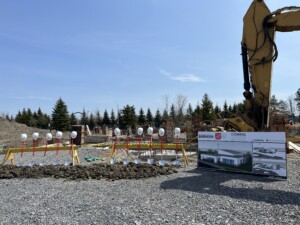 Building site with shovels and hardhats