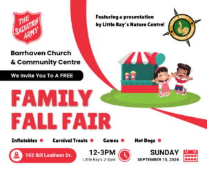 We invite you to a free family fall fair featuring inflatables, carnival treats, games, hotdogs, games, and a presentation by Little Ray's Nature Centre! Join us at 102 Bill Leathem Dr., in Barrhaven, for the fun. Time is 12-3pm, but Little Rays will be here from 2-3pm. 